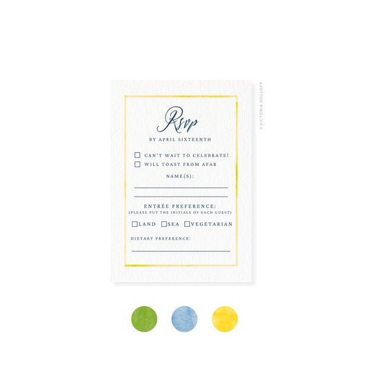 RSVP card with yellow border and cursive “Rsvp,” includes preference checkboxes
