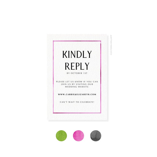 Watercolor border RSVP card, Orchid Pink—“Kindly Reply” text layout on card.