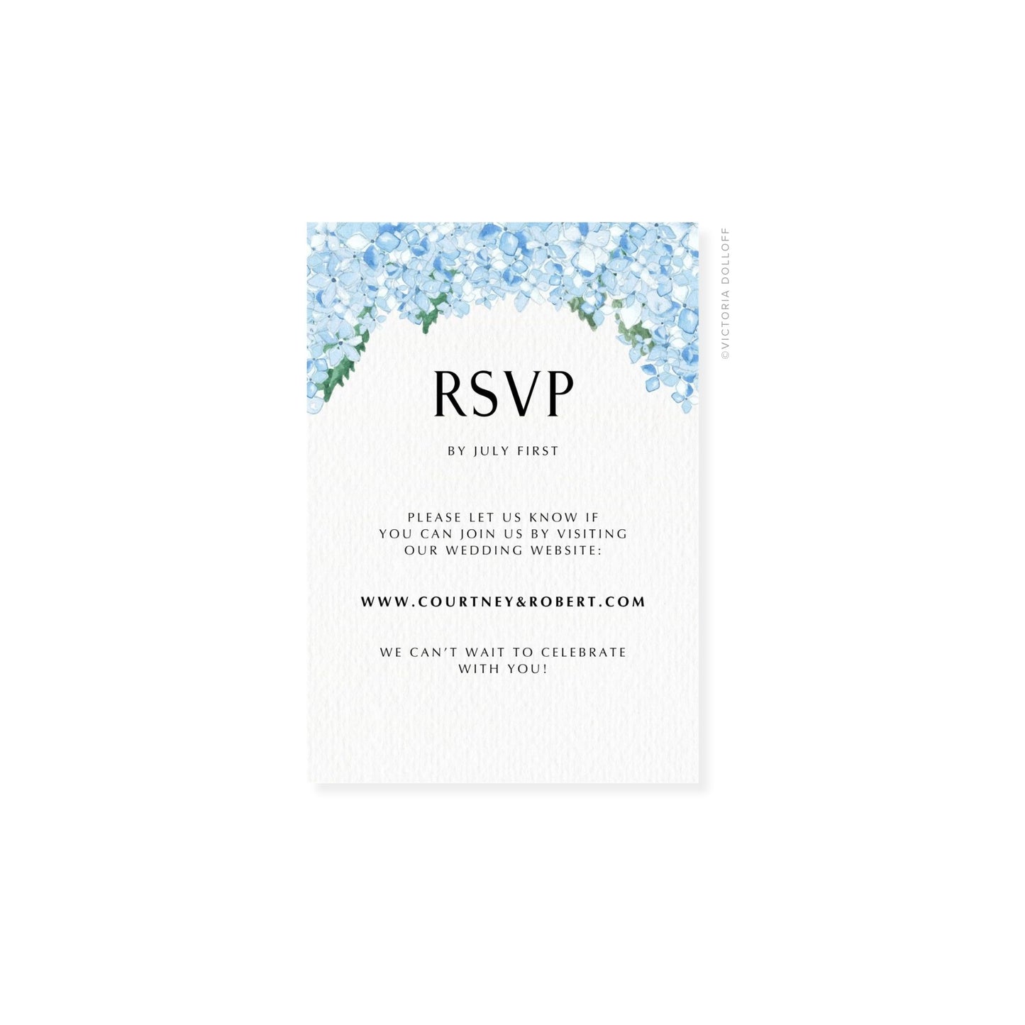 Hydrangea watercolor RSVP card with floral arch and “RSVP” in dark text