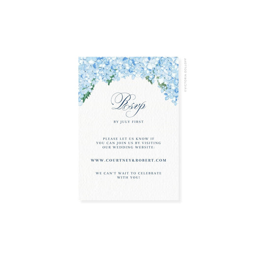 Hydrangea watercolor RSVP card with blue floral arch and “Rsvp” lettering