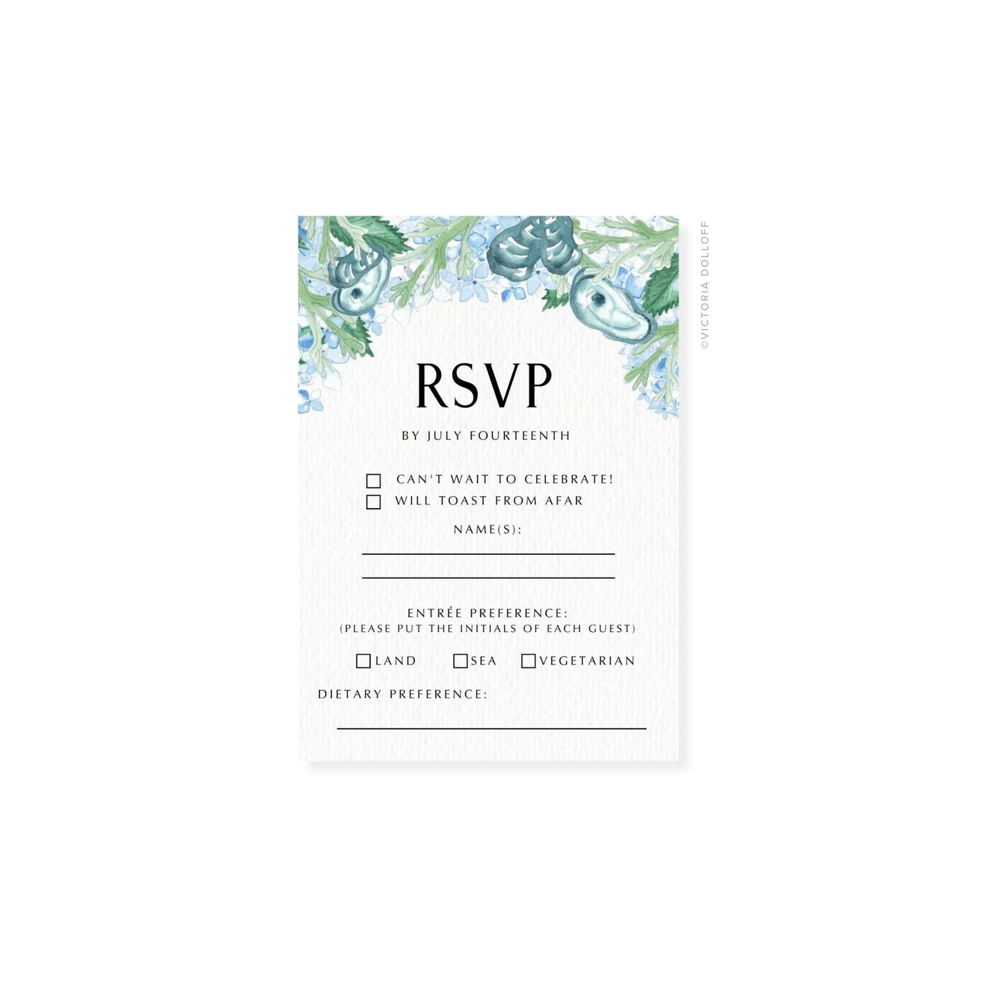 RSVP card with watercolor border, “RSVP” heading, land/sea and vegetarian preference boxes