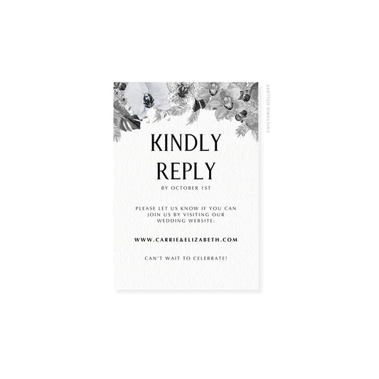 RSVP card front with floral top border and black 'KINDLY REPLY' text
