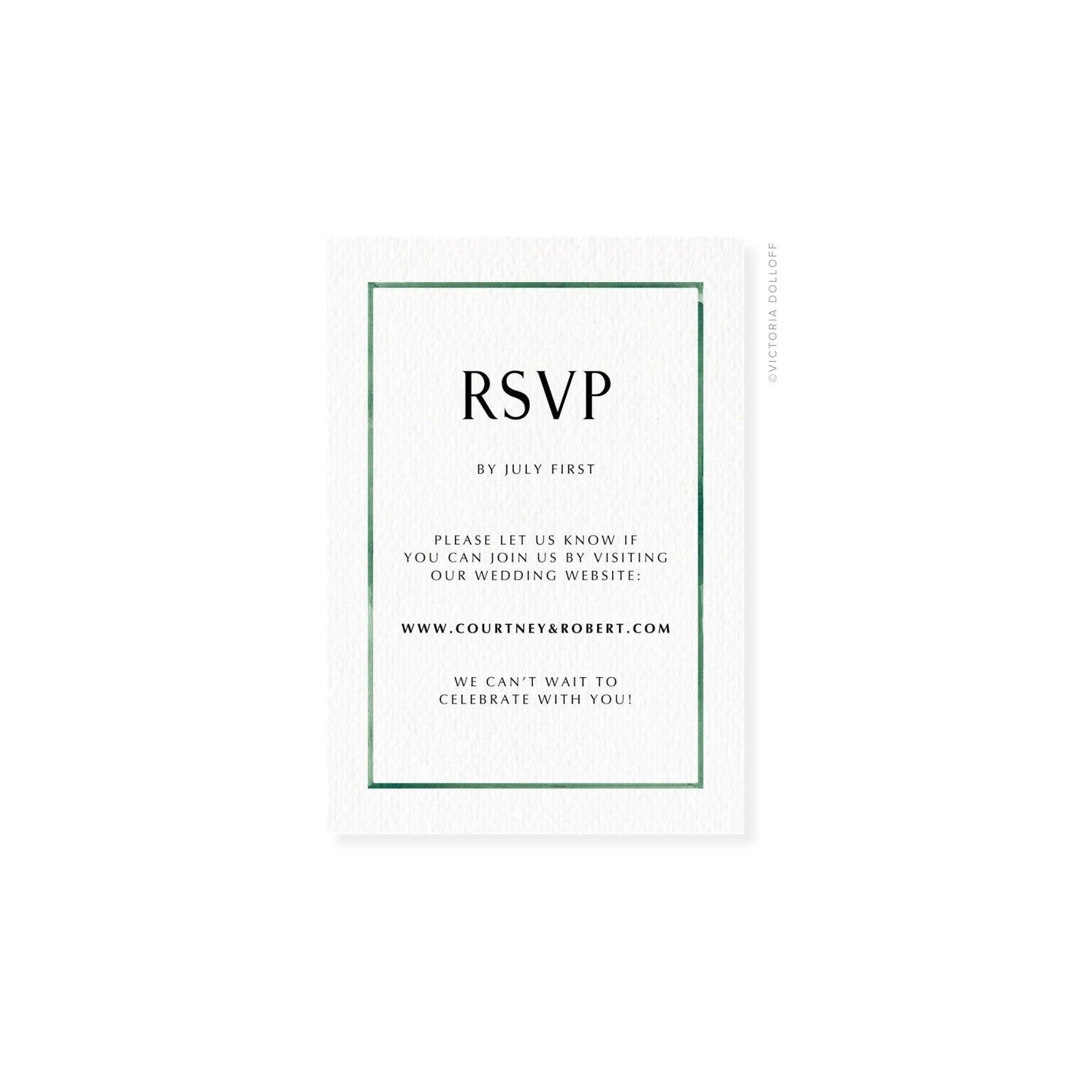 Emerald Green watercolor border RSVP card with “RSVP” and dark “We can’t wait”