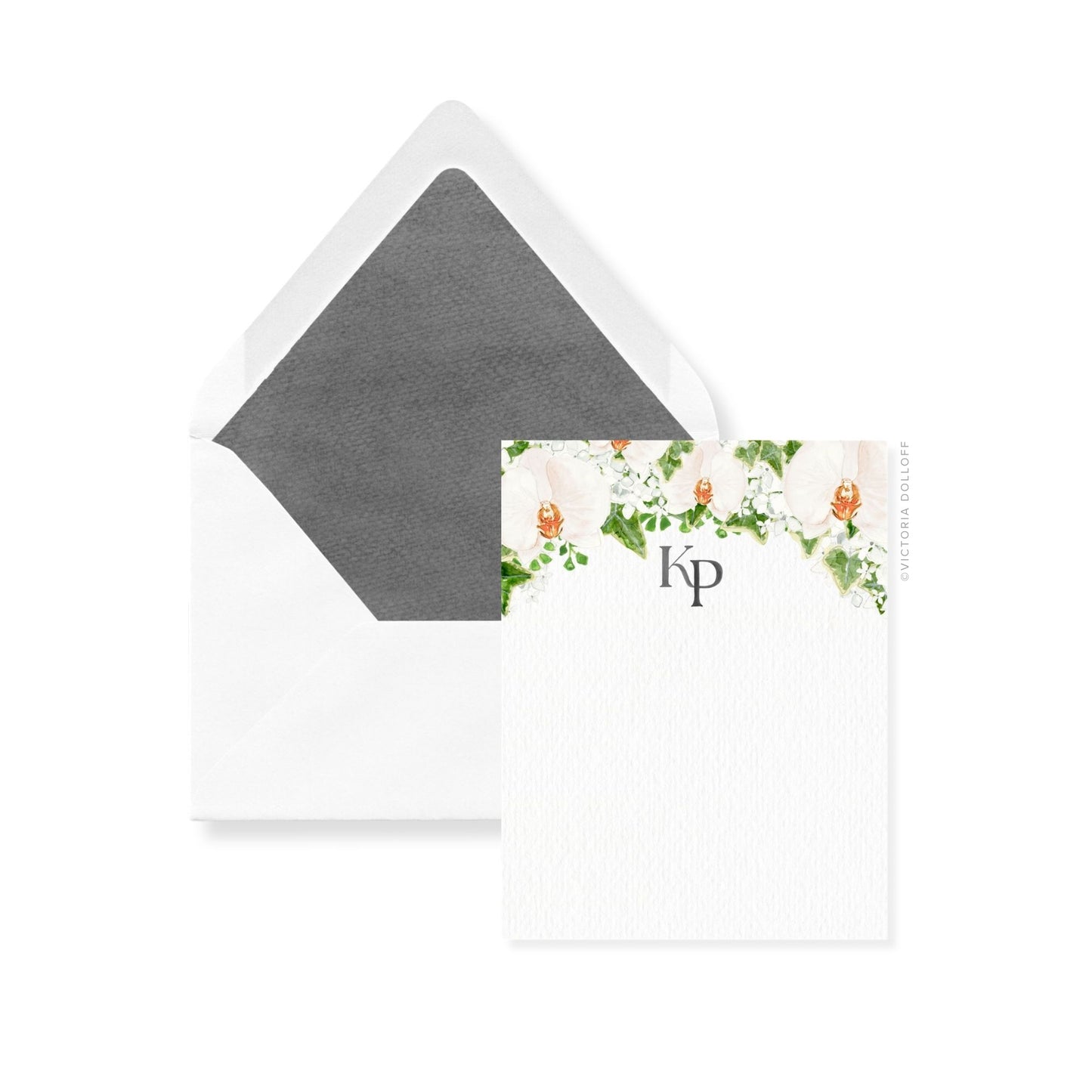 Orchid thank-you cards with KP monogram; charcoal-lined envelopes
