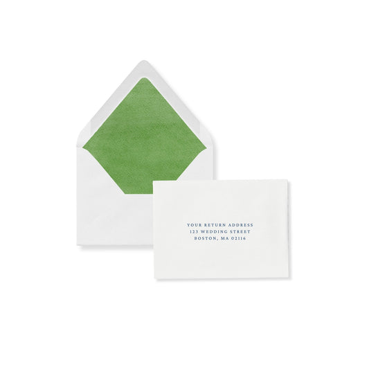 Luxe RSVP envelope with pear green liner and return address card