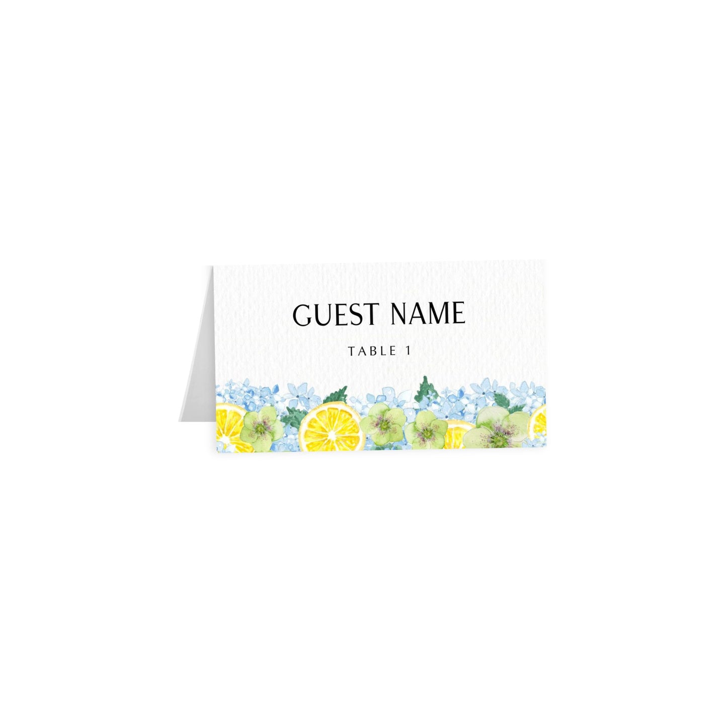 Tented card: uppercase “GUEST NAME” in black, TABLE 1, lemon & hydrangea border