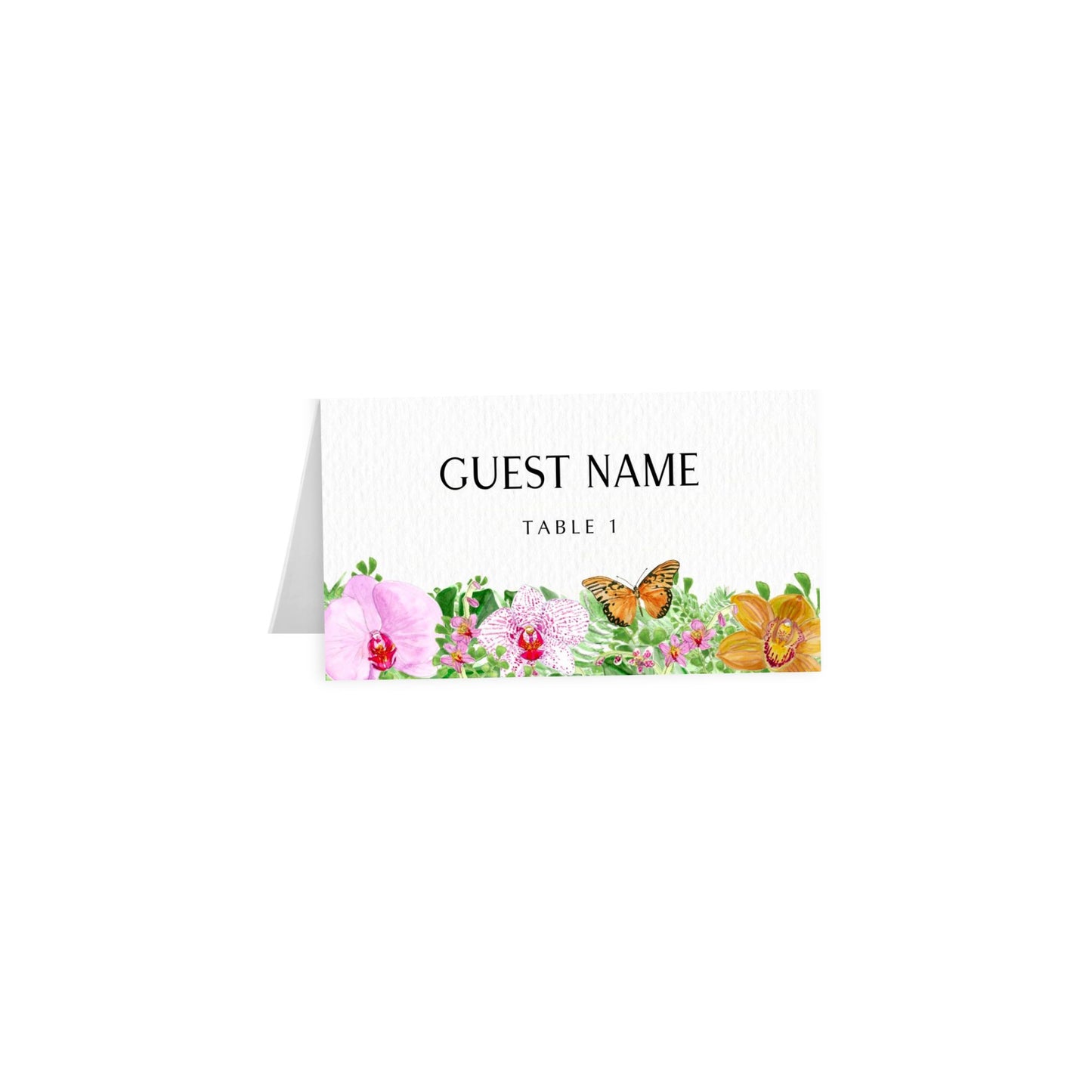 Tented place card with tropical flowers and butterflies; black uppercase Guest Name; Table 1