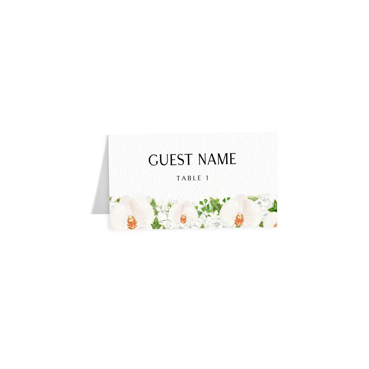White orchid tented escort card, clean black uppercase “GUEST NAME”, Table 1
