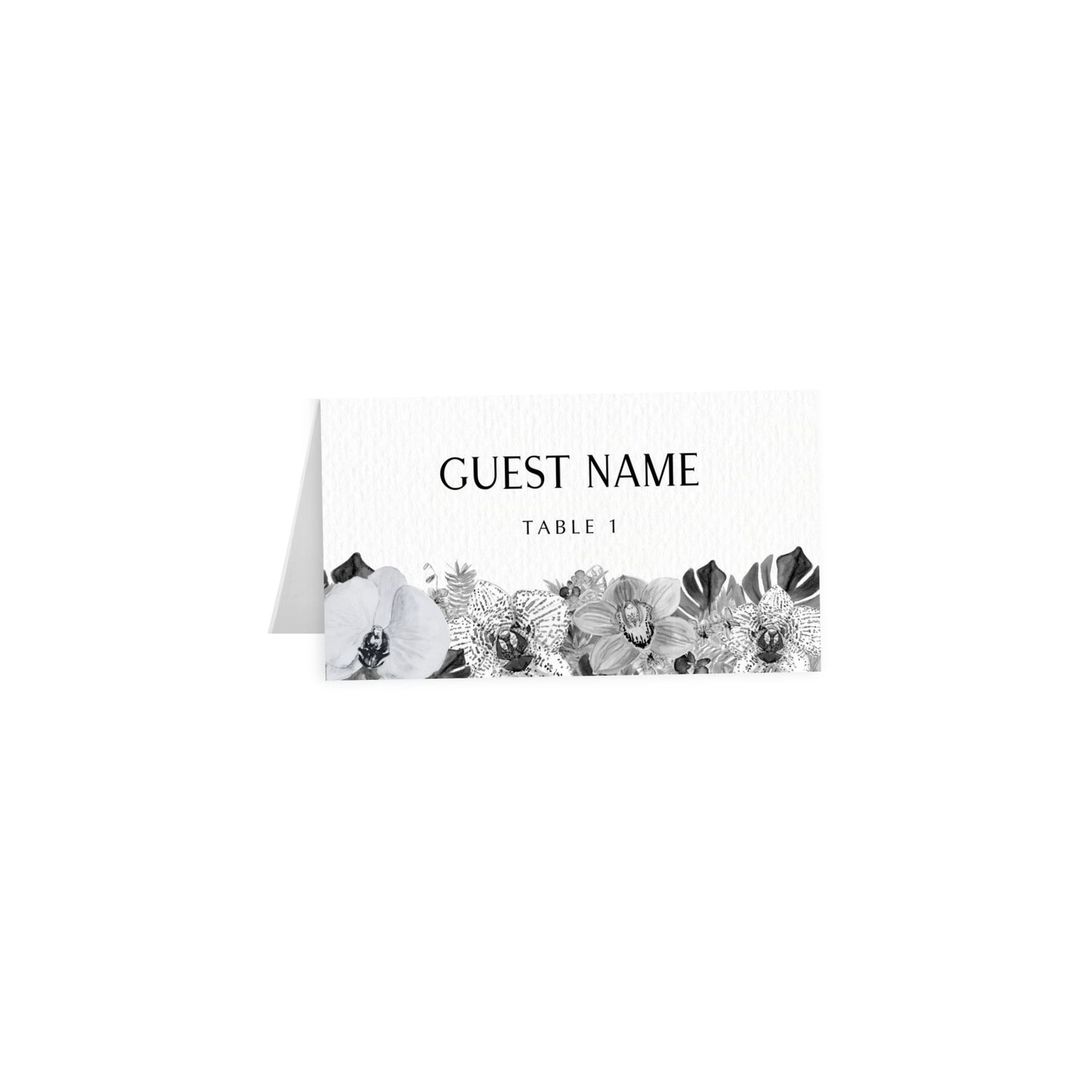 Tented escort card: uppercase Guest Name, Table 1 over black/white tropical flower design