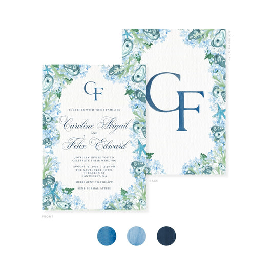 Watercolor invitation set: front and back with blue CF monogram on floral border
