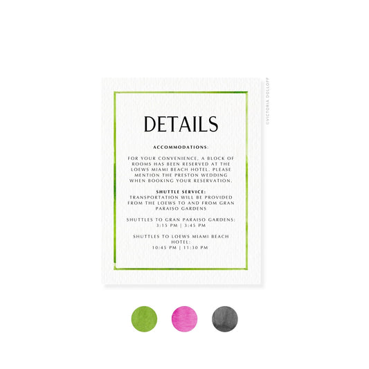 Kelly Collection enclosure card, Palm Green border; DETAILS in navy-style type