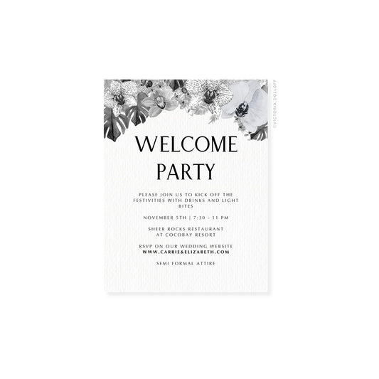 Einladungskarte „Welcome Party“ mit klarer Serifenschrift, schwarzer Typografie