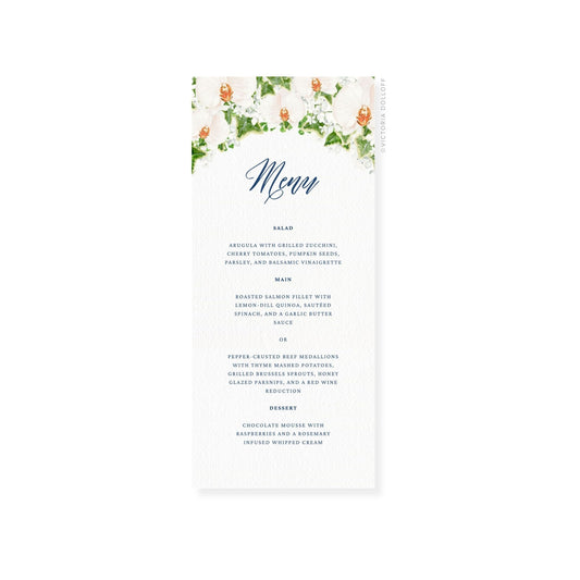 White wedding menu card with “Menu” in elegant script and meal list in centered layout