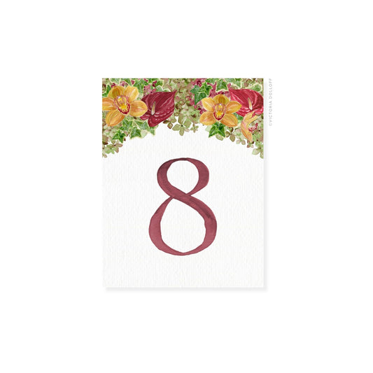 Table number card with floral top and burgundy numeral 8