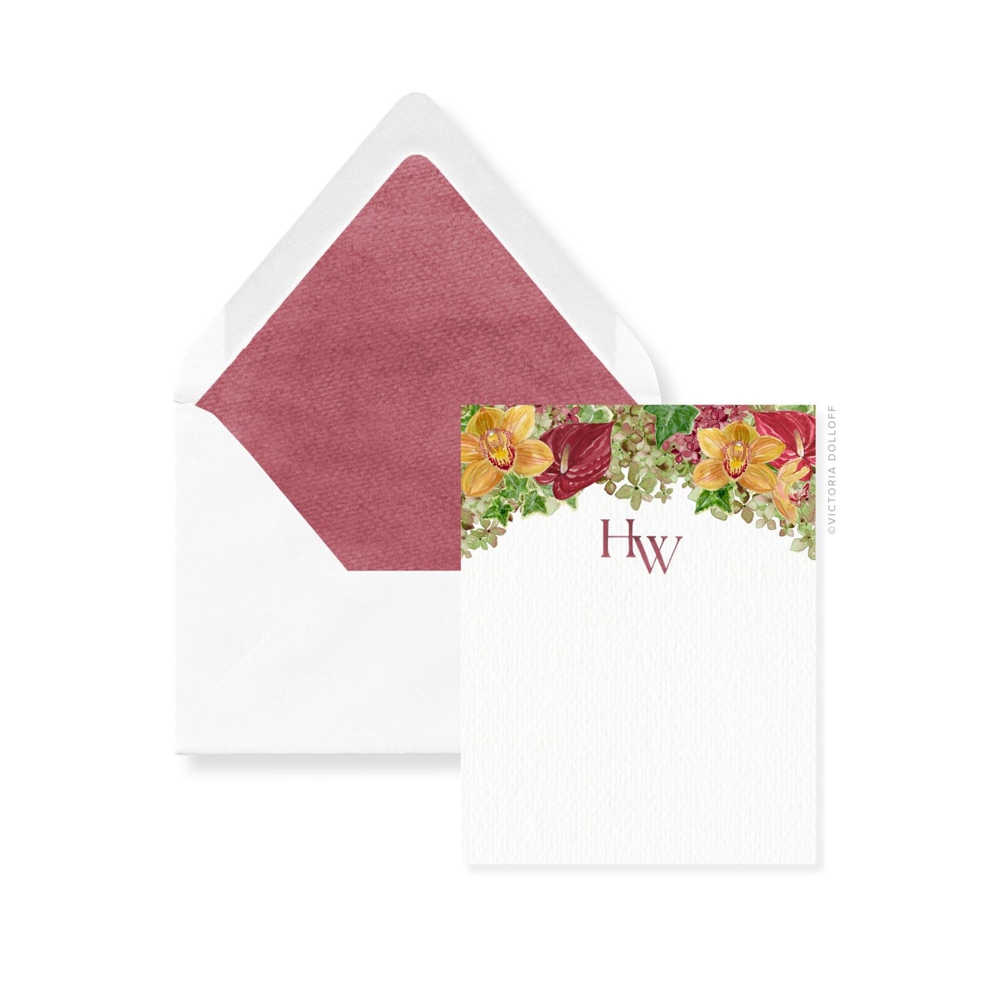 Thank you cards and envelopes with warm floral 'Hw' and red sangria liner
