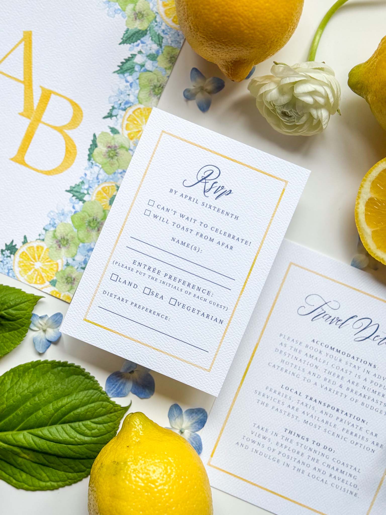 Watercolor border RSVP card with script “Rsvp” and checkboxes, plus inner reply text