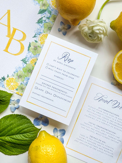 Watercolor border RSVP card with script “Rsvp” and checkboxes, plus inner reply text
