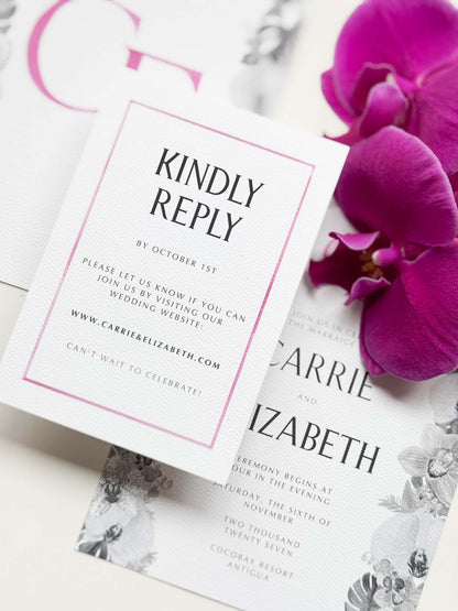 Watercolor border RSVP card, Orchid Pink—“Kindly Reply” and RSVP date.
