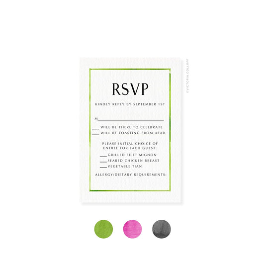 RSVP card with green border and uppercase “RSVP” header
