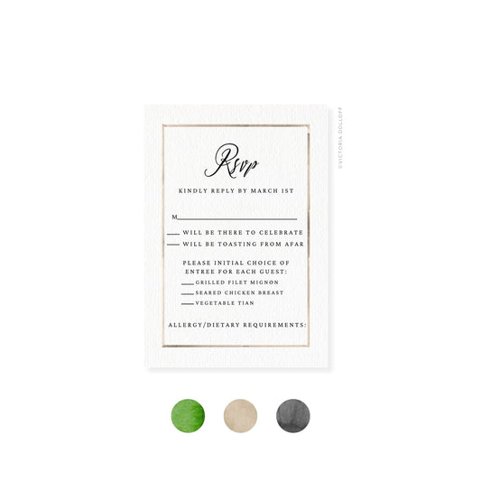 Watercolor Border RSVP card, green border and script “Rsvp” with food choices list