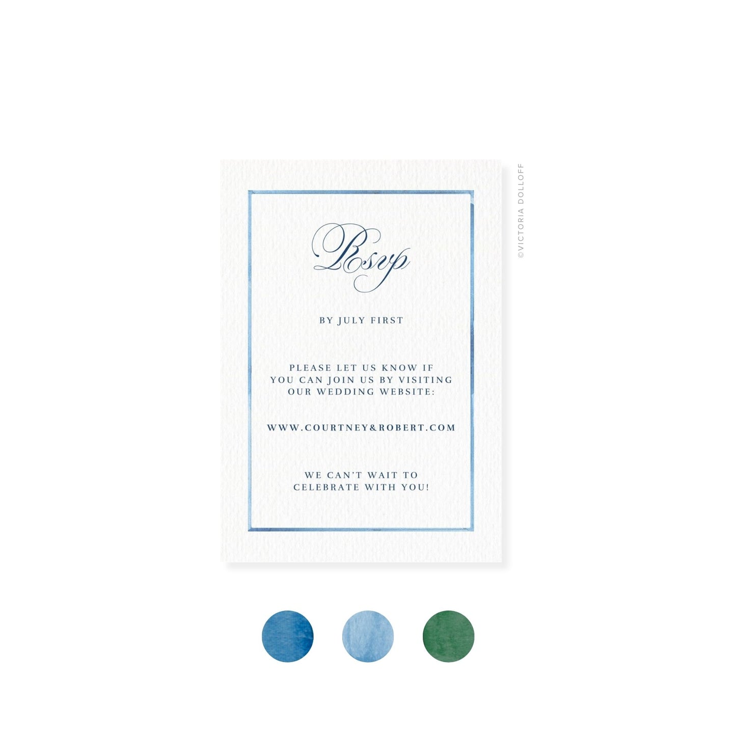 RSVP-Karte mit blauem Rahmen und „Rsvp“ in graublauer Schreibschrift, Details im Innenfeld