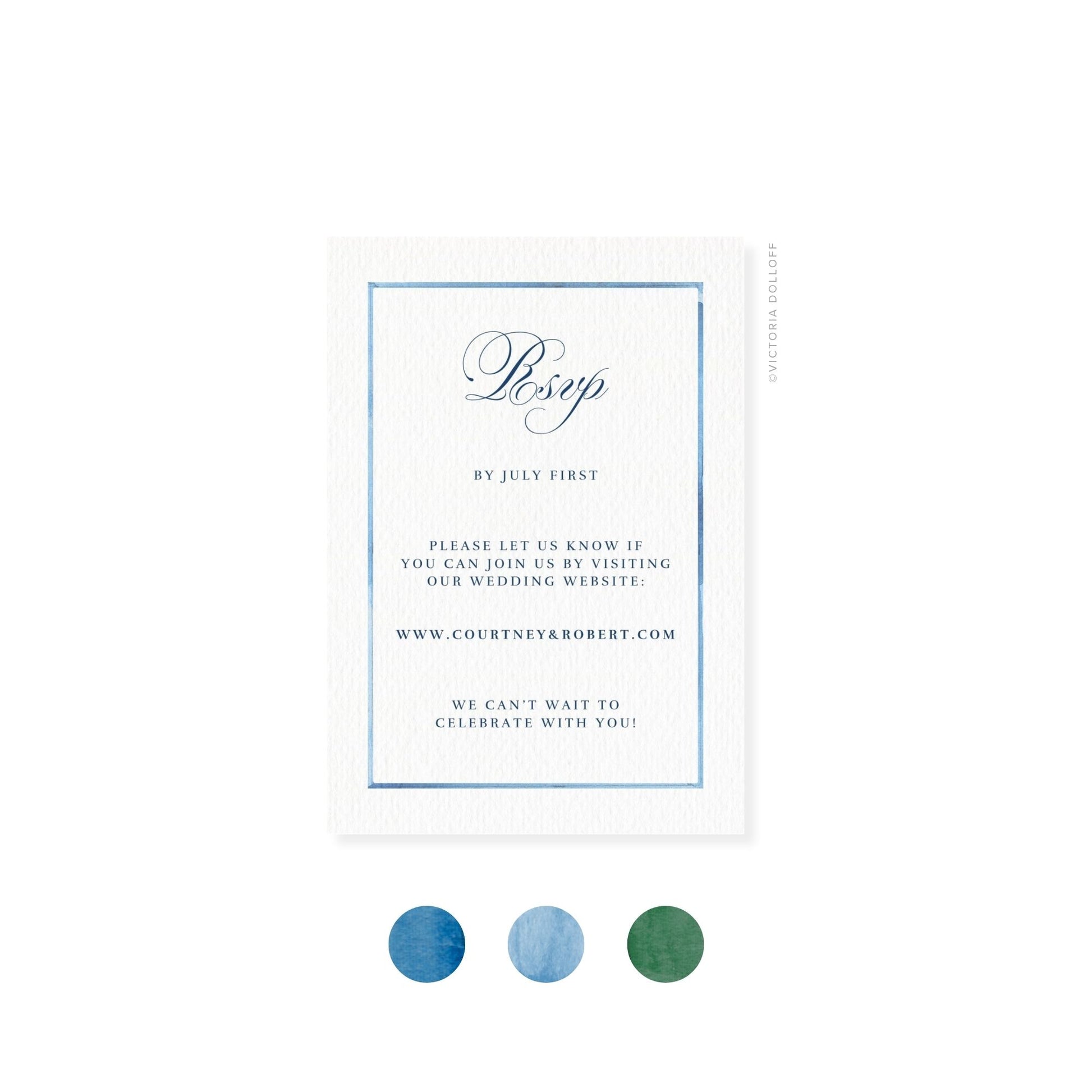 RSVP-Karte mit blauem Rahmen und „Rsvp“ in graublauer Schreibschrift, Details im Innenfeld