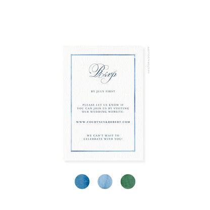RSVP-Karte mit blauem Rahmen und „Rsvp“ in graublauer Schreibschrift, Details im Innenfeld