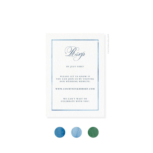 RSVP-Karte mit blauem Rahmen und „Rsvp“ in graublauer Schreibschrift, Details im Innenfeld