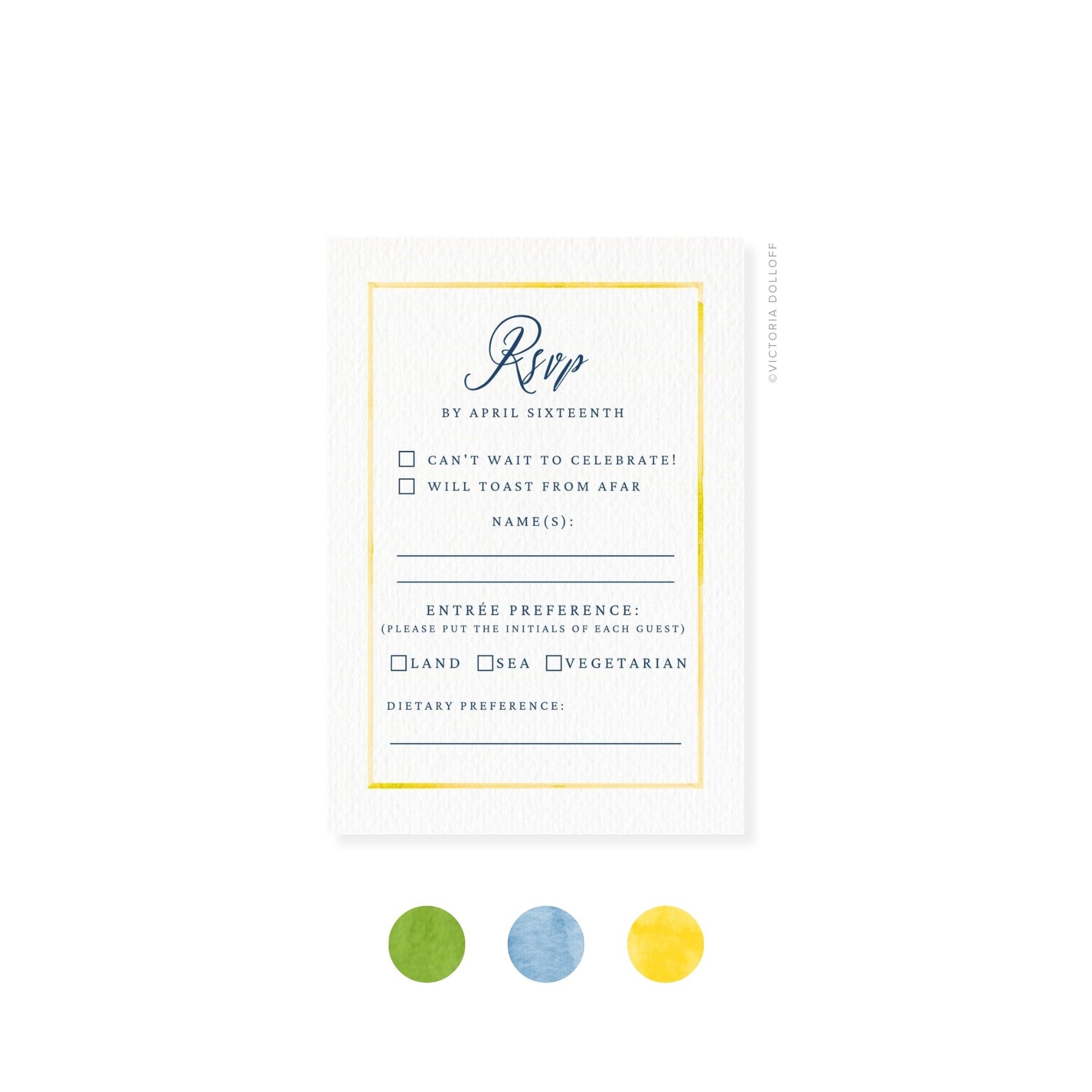 RSVP card with yellow border and cursive “Rsvp,” includes preference checkboxes