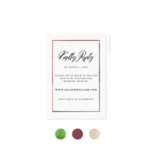 RSVP card with red border, script “Kindly Reply” and RSVP details