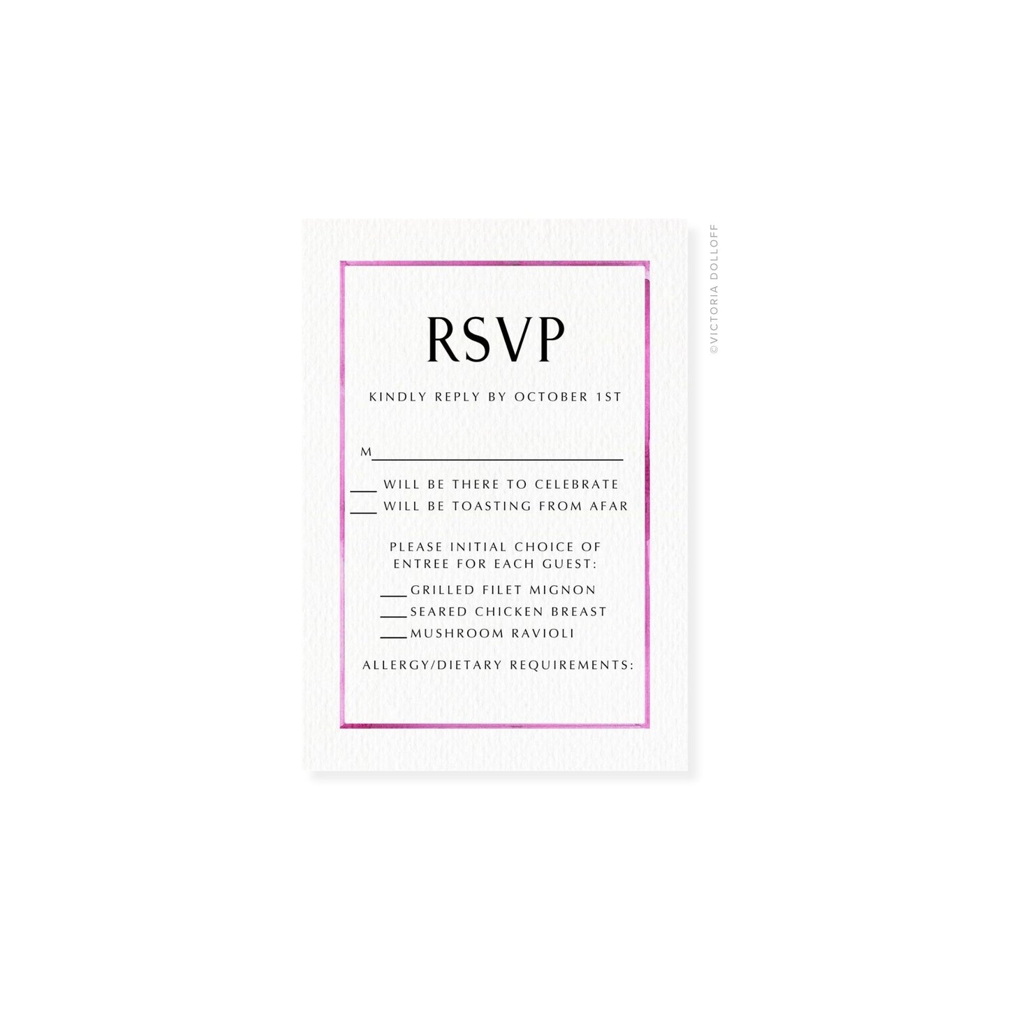 Watercolor border RSVP card, Orchid Pink—“RSVP” with menu choices and deadline.