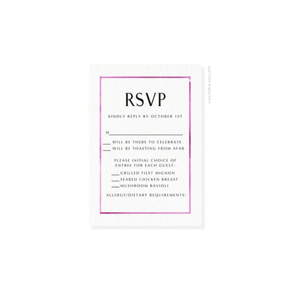 Watercolor border RSVP card, Orchid Pink—“RSVP” with menu choices and deadline.
