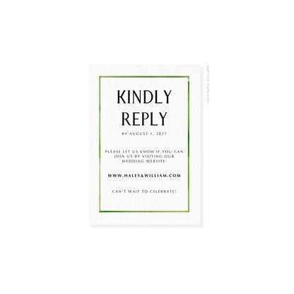 RSVP card with green border, uppercase “KINDLY REPLY” in black