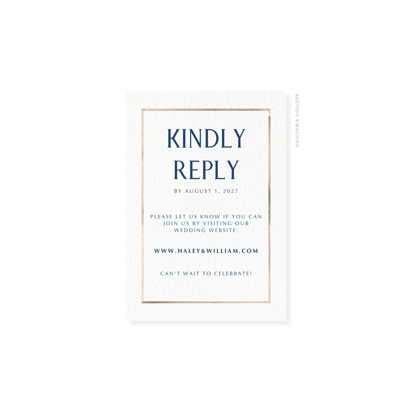 Sand watercolor Border RSVP card with navy all-caps “KINDLY REPLY”
