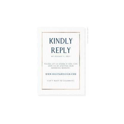 Sand watercolor Border RSVP card with navy all-caps “KINDLY REPLY”