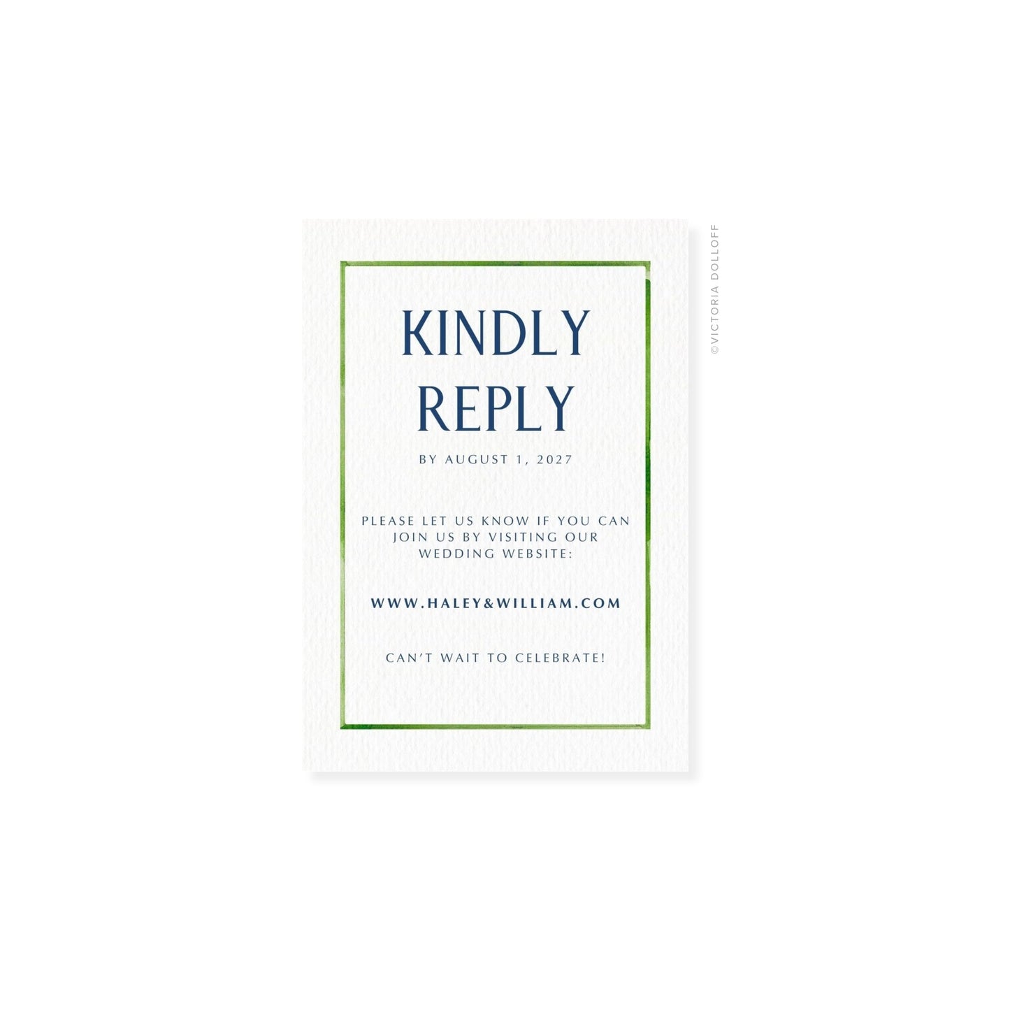 RSVP card with green border, uppercase “KINDLY REPLY” in navy-blue