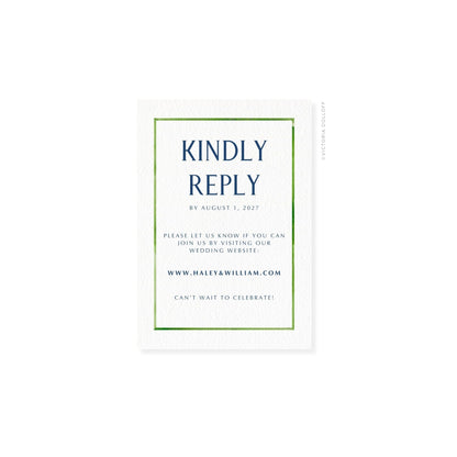 RSVP card with green border, uppercase “KINDLY REPLY” in navy-blue
