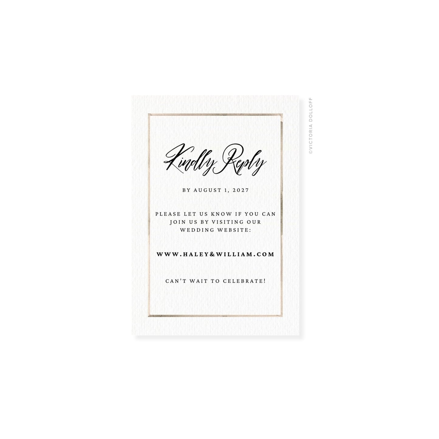 Sand watercolor Border RSVP card with black script “Kindly Reply”