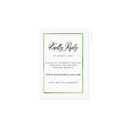 RSVP card with green border, script “Kindly Reply” and date line