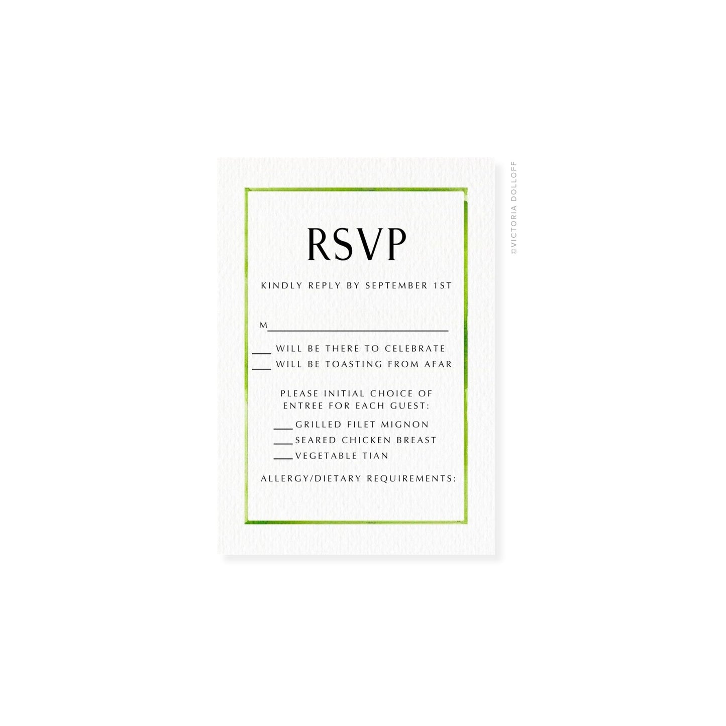 RSVP card with green border and uppercase “RSVP” header