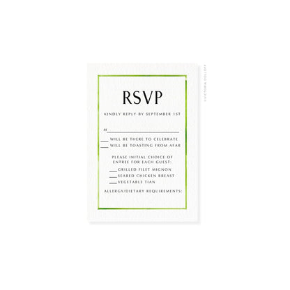 RSVP card with green border and uppercase “RSVP” header