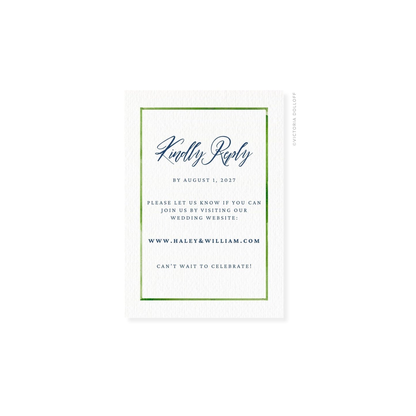 RSVP card with green border, script “Kindly Reply” and RSVP details