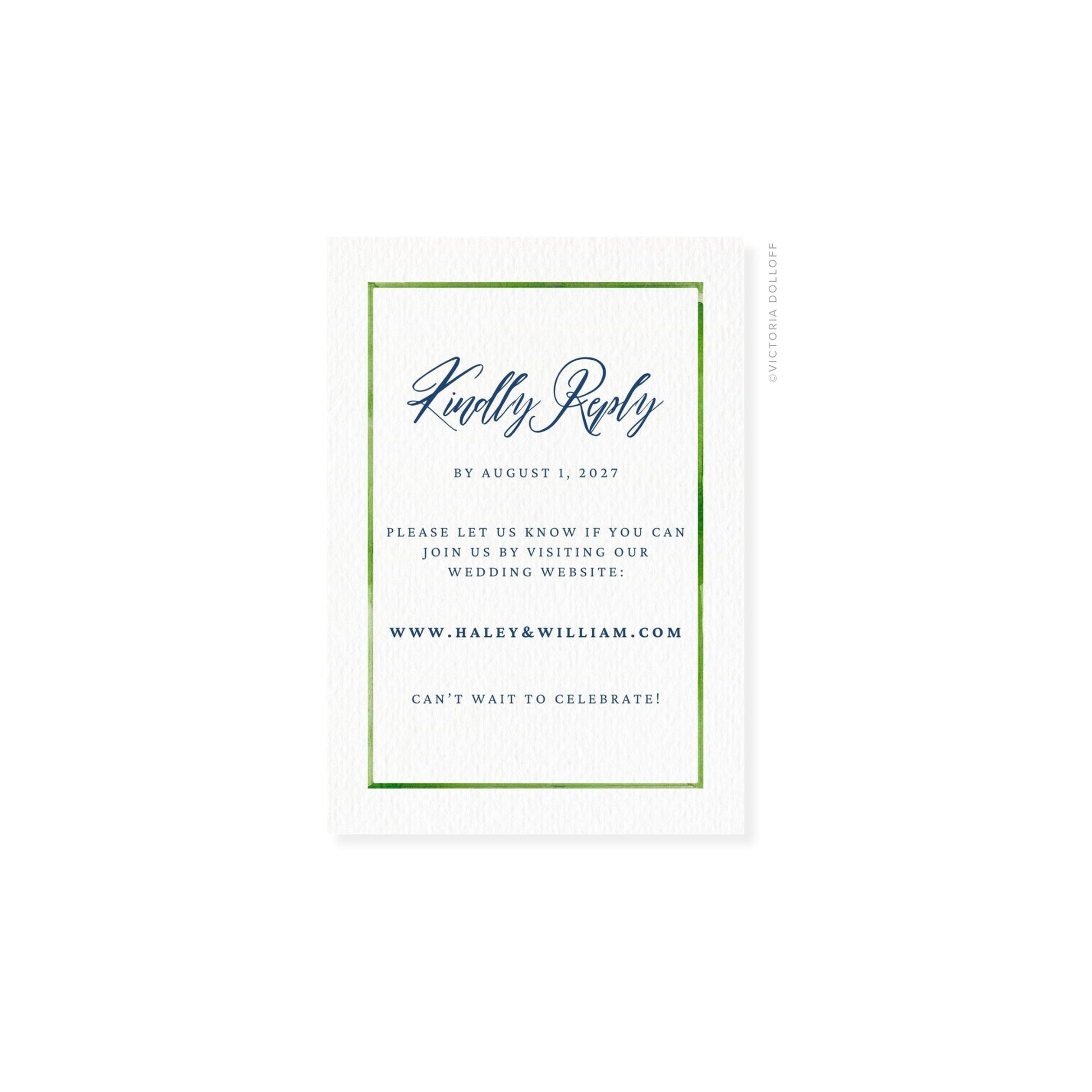 RSVP card with green border, script “Kindly Reply” and RSVP details