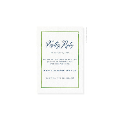 RSVP card with green border, script “Kindly Reply” and RSVP details