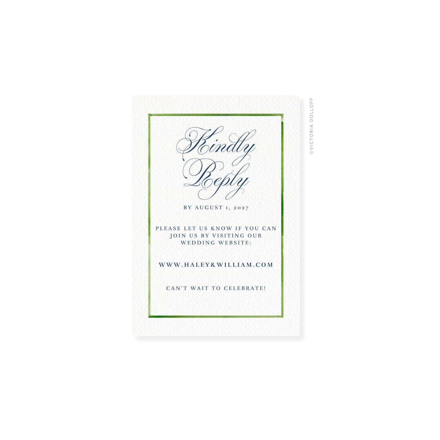 RSVP card with green border, “Kindly Reply” script in gray-blue
