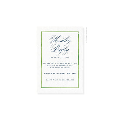 RSVP card with green border, “Kindly Reply” script in gray-blue