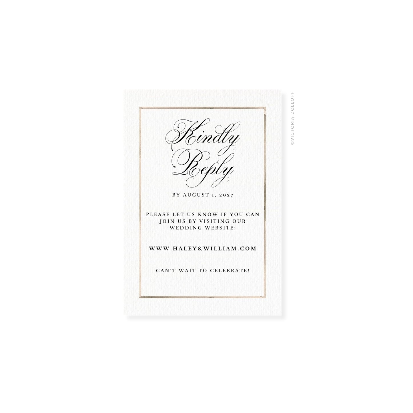 Sand watercolor Border RSVP card with script “Kindly Reply” and date “August 1, 2027”