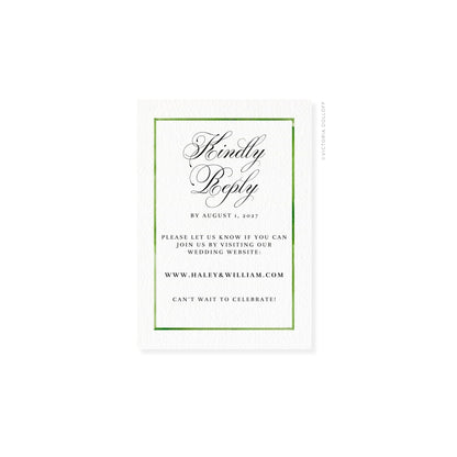 RSVP card with green border, “Kindly Reply” script in darker gray-blue