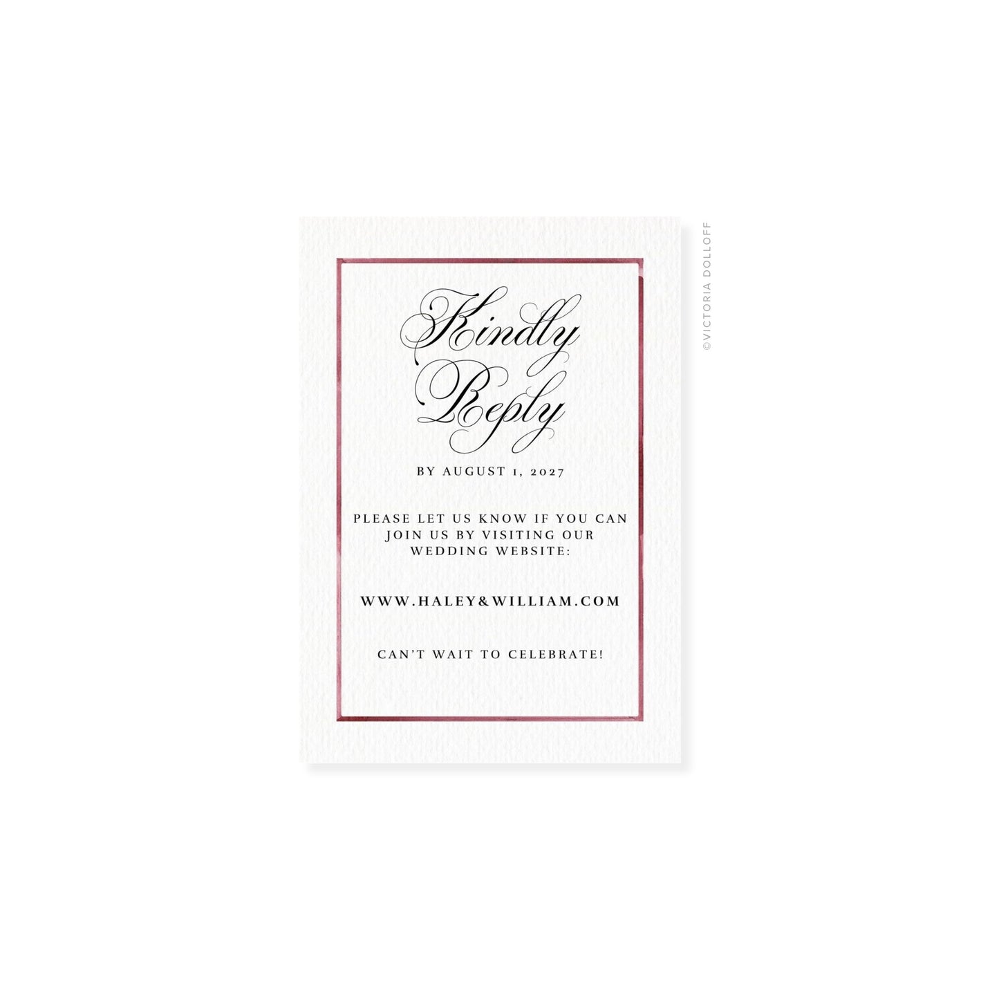 Red watercolor Border RSVP card with script “Kindly Reply” and date “August 1, 2027”
