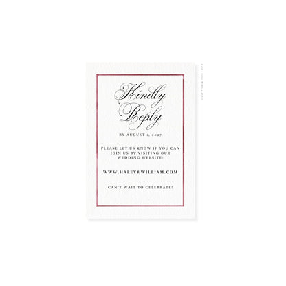 Red watercolor Border RSVP card with script “Kindly Reply” and date “August 1, 2027”